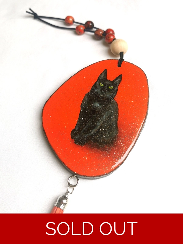Black Cat Car Charm, Acrylic On Wood